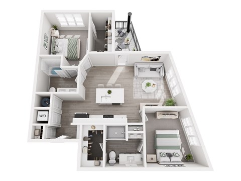 Floor plan layout of 1118 sf two-bedroom apartment with two bathrooms and a balcony.